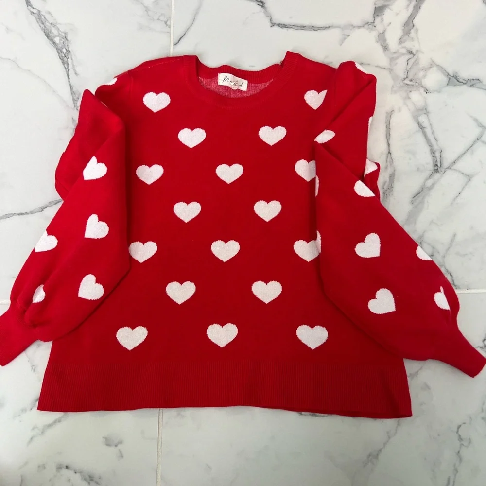 Red and White Heart Pattern Sweater - Picture 2 of 5